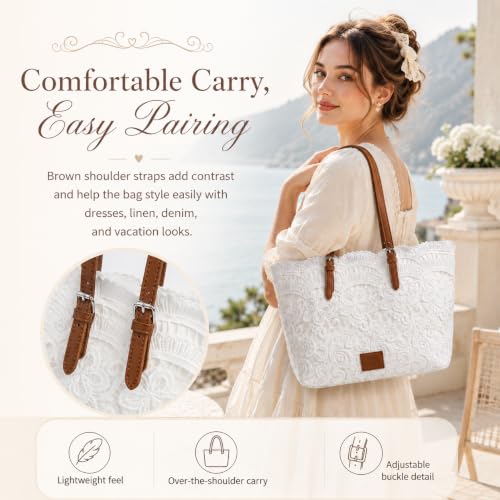 White Lace Purse for Women, Boho Shoulder Handbag with Ribbon Detail and PU Leather Strap, Beige Summer Small Tote Bag for Beach Vacation, Travel, Shopping and Daily Use - image 6