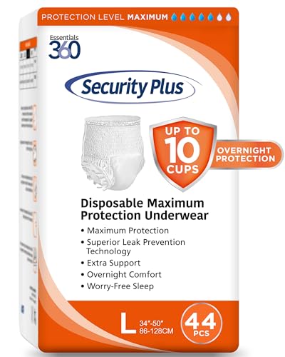 Essentials 360 Security Plus Large Adult Overnight Diapers, Maximum Protection Incontinence Underwear, Superior Leak Prevention, Aqua-Keep Core, Worry-Free Sleep – L, 44 Count