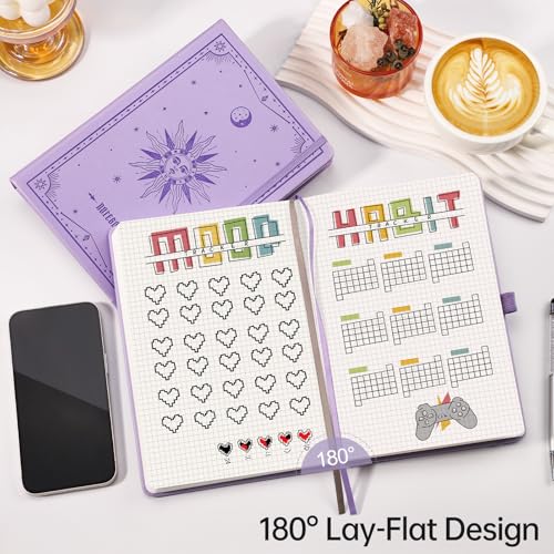Image of EMSHOI Graph Grid Journal Notebook, 192 Pages, A5 Size (5.7'' x 8.3'') | Leather Hardcover, 100 GSM Thick Paper, for School, Note Taking, Math, Engineering, Sun Debossed (Light Purple)