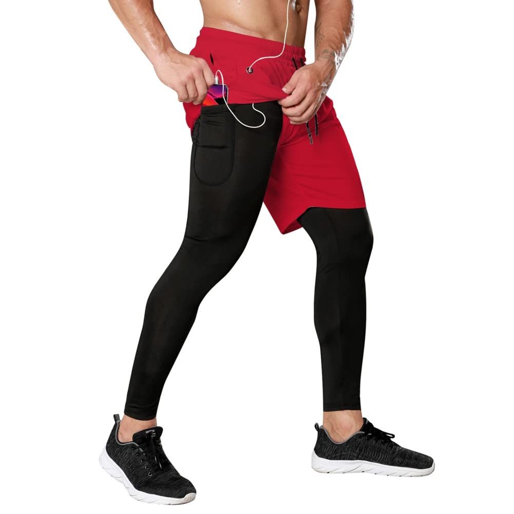 Hotfiary Men's Running Pants with Pockets, 2 in 1 Compression Pants Trousers with Shorts, Quick Dry Athletic Tights for Gym Workout, Mens Lightweigt Joggers Sweatpants Tracksuit Bottoms for Basketball