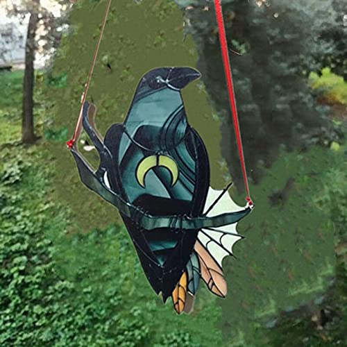 YIWOYI - Pannello da appendere per finestre in vetro colorato, motivo strega di corvo, colore: nero con uccellino con luna, decorazione da parete (AS