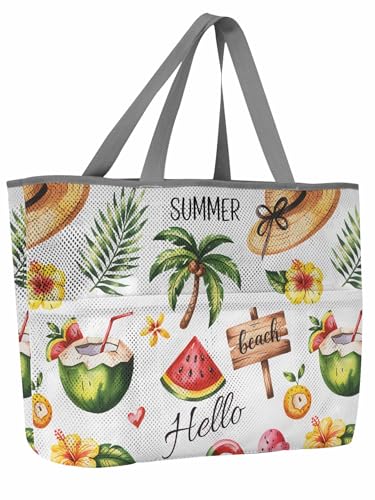 Beach Bags Women Mesh Tote Bag Summer Coconut Tree Straw Hat Toy Grocery Pool Bag with Pockets for Travel/Picnic/Shower