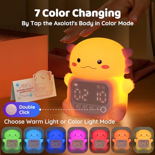 Image of Axolotl Alarm Clock with Night Light for Kids, Rechargeable Silicone Lamp Time to Wake Clock,Cute Animal Tabletop Lamp, Perfect Sleep Companion for Boys Girls