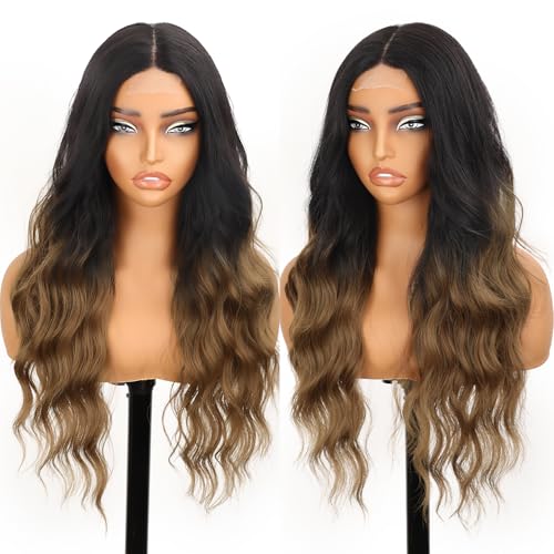 Image of AISI HAIR Brown Wig for Women, Long Wavy Black To Brown Lace Hairline Middle Part Synthetic Heat Resistant Wig for Daily Party-26 Inch