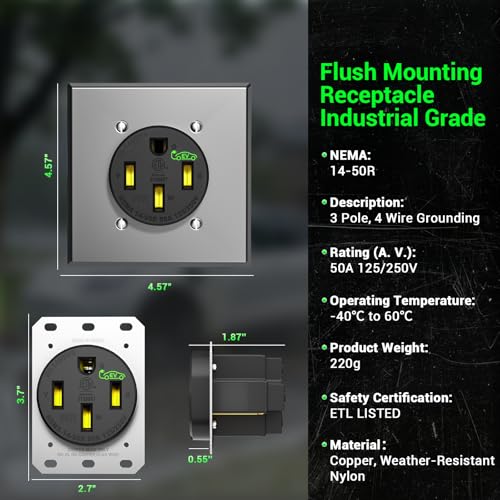 Image of 50 Amp EV Charging Receptacle /Nema 14-50 EV Outlet with Wall Plate: Weather Resistant Straight Blade,2.42 inch Diameter, U-Shaped Brass Clamp -Industrial Grade, 3-Pole 4-Wire Grounding,125 /250V,ETL Listed