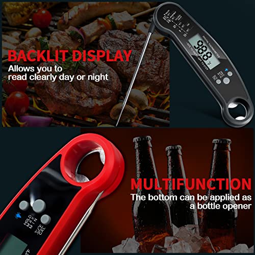 Leelosp 3 Pcs Digital Meat Thermometer With Probe Waterproof Fast Read Food Thermometer Kitchen Grilling Cooking Thermometer With Backlight Magnet And Calibration For Baking Bbq Outdoor, Red And Black #TOP3