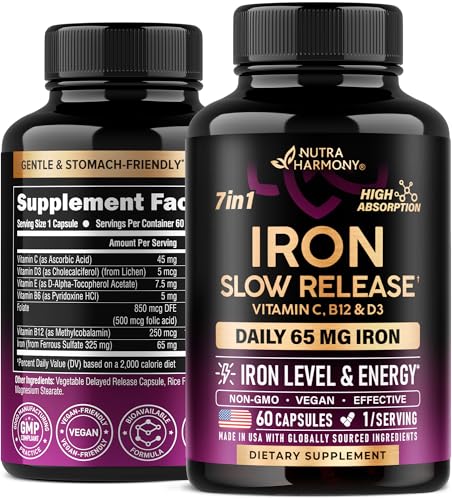 Iron Supplement for Women - Iron 65mg (Ferrous Sulfate 325mg) - Stomach Friendly | Slow Release Iron | High Absorption - Vitamins C, D3, B6, B12 & Folate - Iron Level & Energy Support - 60 Capsules
