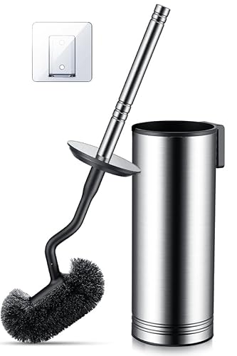 HAMITOR Toilet Brush and Holder Set: 304 Stainless Steel Heavy Duty Bowl Cleaner Brush - Deep Cleaning Under Rim Curved Bristle - Space Saving Wall-Mounted for Home RV Bathroom Accessories Silver