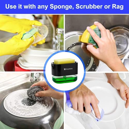 Image of Ranox Soap Dispenser for Kitchen Sink Accessories, Dish Wash Liquid Dispenser Pump 400ml with Sponge Holder, Bathroom Soap Dispensers, Kitchen Sink Organizer (Black (Dishwasher))