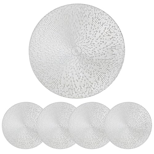 D-buy Round Placemats Silver Set of 4 Vinyl Placemats 15 in Hollow Washable Clean Wipeable Non-Slip Stain Heat Resistant Dinning Table Place Mats for Wedding Party Decoration Home Dining Tableware
