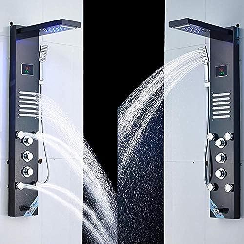 WZWTYSM Panel de Ducha con luz LED Negra, Ducha Tipo Cascada con Lluvia, Pantalla de Temperatura, Masaje, Chorro de SPA, Grifo Mezclador de Tres manijas, Juego de Grifo para Lavabo