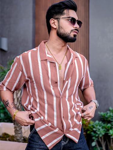 Image of Maniac || Mens || Striped || Collared Neck || Half Sleeve || Popcorn Knitted || Shirt