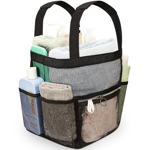 DV Lifestyle Bolsa de ducha de malla de secado rápido con cremallera y 8 bolsillos. Portátil para dormitorio, universidad, gimnasio, viajes, campamento, playa (negro)
