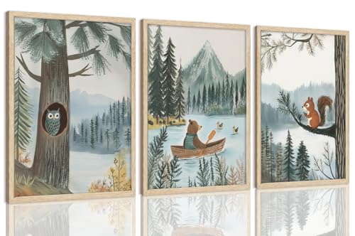 LHHJDIO 3 Piece OAK Wood Framed Wall Art Woodland Wall