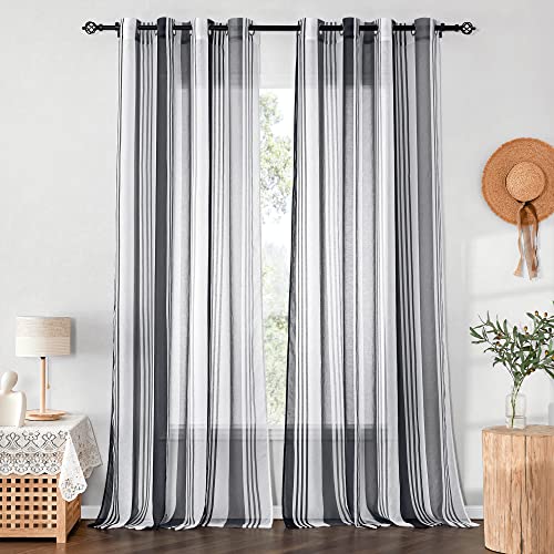 PONY DANCE Rideaux Voilage Blanc et Noir 140x220 cm Motif Rayé 2 Pièces de Rideau Salon Décoration Maison Chambre Intérieurs à Oeillets Élégant Moderne