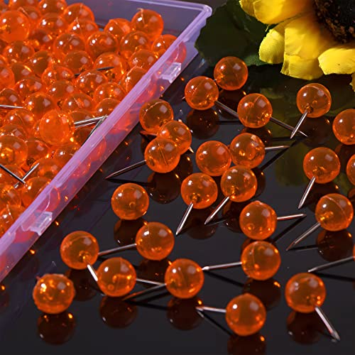 Vapker Orange Map Tacks 150Pcs Large Size Pins 0.37Inch (9.5Mm) Round Head Push Pins Steel Point With Transparent Plastic Round Head Map Thumb Tacks For Pictures, Posters, Documents #TOP2