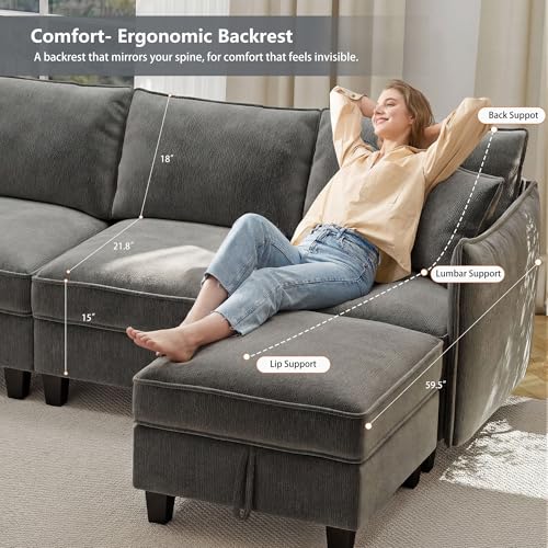 Image of Ihanherry 85.8 inch Modular L-Shaped Sectional Sofa, Modern 4-Seat Cloud Couch with Storage Ottoman, Comfy Chenille Convertible Furniture Set for Living Room, Apartment, Easy Assembly, Dark Grey