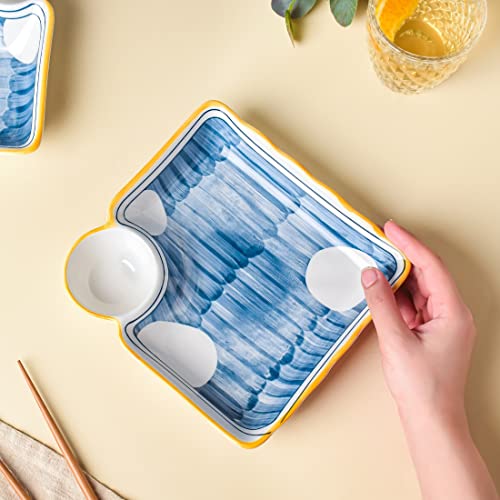 Image of Nestasia Set of 2 Ceramic Chip and Dip Snack Plate with Dip Section | Microwave & Dishwasher Safe Starter Plates | Perfect for Fries, Momos, Sushi, Kebab (White & Blue)