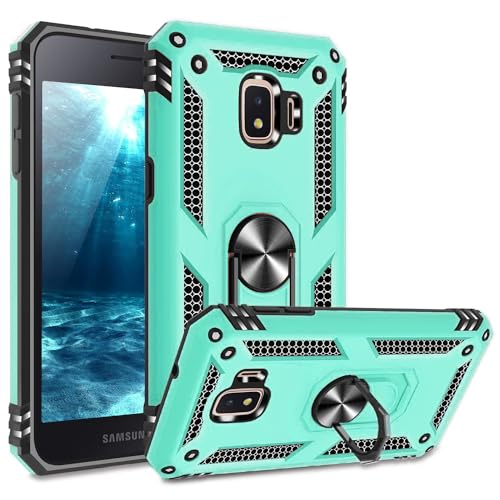 TJS Phone Case Compatible with Samsung Galaxy J2 Core 2019 Pure Dash Shine, Metal Ring Magnetic Support Heavy Duty (Teal)