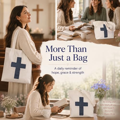 Image of Christian Tote Bag Gift for Women, Canvas Bible Bag Handmade Floral Cross | Christian faith-inspired gift, handcrafted cross with lace, inner pocket, snap closure, bottom gusset, church Bible study use