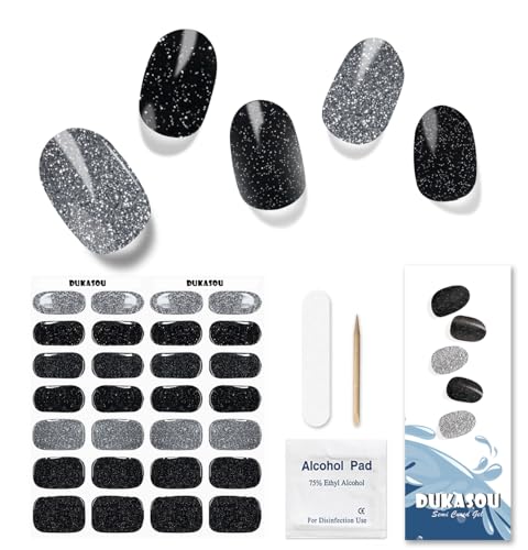 DUKASOU Strisce per Unghie in Gel Semipolimerizzato, 28 Pcs di Veri Adesivi/Pellicole per Smalto per Unghie, Adesivi per Unghie in Gel di qualità da salone, Strisce di Smalto Duraturo (Nero Glitter)