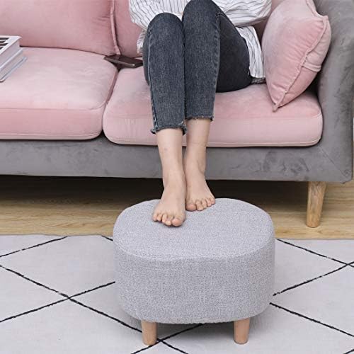 LEITING Ottoman Footstool Footrest Foot Stool Pouffe Padded Modern Home Living Room Bedroom Oval Seat with Removable Linen Stool Cover 4 Beech Wooden Legs (Yellow)