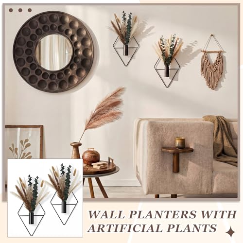 Image of Jexine 4 Pcs Hanging Planters with Artificial Pampas Grass Metal Hanging Vase Indoor Plants Holder Modern Geometric Boho Bathroom Wall Decor for Living Room Home Office(Black)