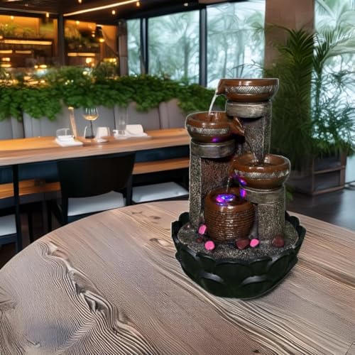 Image of LED Indoor Tabletop Water Fountain, Polyresin Cascading Waterfall Showpiece with Running Water and Light, Decorative Fountain for Home, Office, Living Room, Meditation, Vastu, Desk Decor