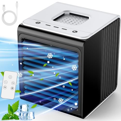 3-IN-1 Mini Air Conditioner with Remote, Top Splash-Proof Design, 3 Speeds Small Portable Air Conditioner, Large Capacity Tank Personal Air Conditioner, Desk Air Conditioner for Office Room