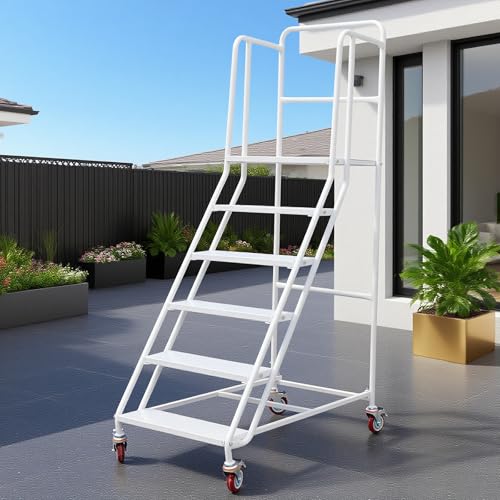 Image of 6 Step Rolling Ladder - Mobile Rolling Stairs with Wheels, Heavy Duty Industrial Safety Non-Slip Metal Rolling Ladders, 880lbs Capacity, for Warehouse, Garage, Supermarket