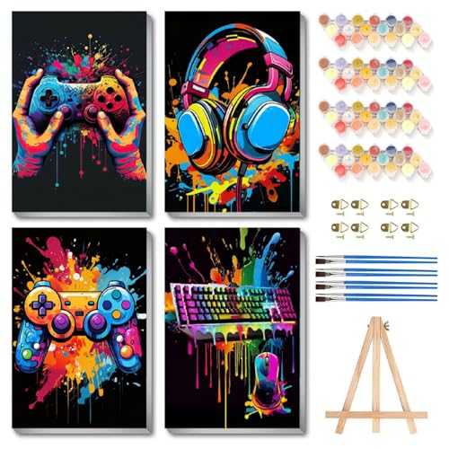 bleihum 4 Pack Paint by Numbers Kit for Kids with Frame Wooden Easel, Video Game Paint by Number...