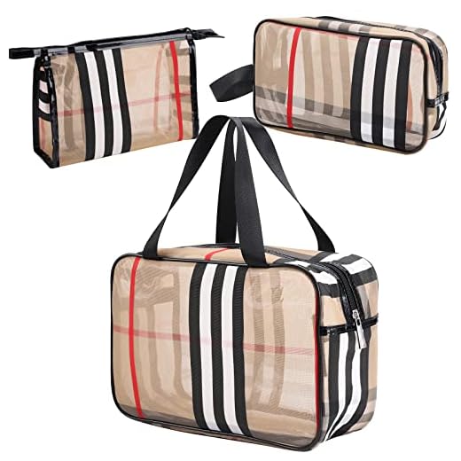 3 Pack Makeup Bag, Travel Cosmetic Bag with Zipper Handle Waterproof Toiletry Bag Portable Organizer Storage Bag Set for Women and Girls(Khaki)