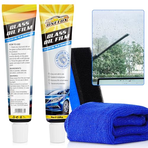 liquido lavavetri auto, Detergente per Pulizia Vetri Auto, Pellicola di Olio di Vetro per Auto, visibilita perfetta, crema per la rimozione di pellicole di vetro con spugne e asciugamani(30 Gram)