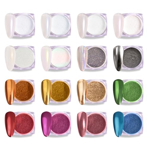 Image of MelodySusie 16Pcs Chrome Nail Powder for Gel Nails,Metallic Mirror Effect Pigment Stylish and Technological Fine Glitter for Home DIY Salon Use