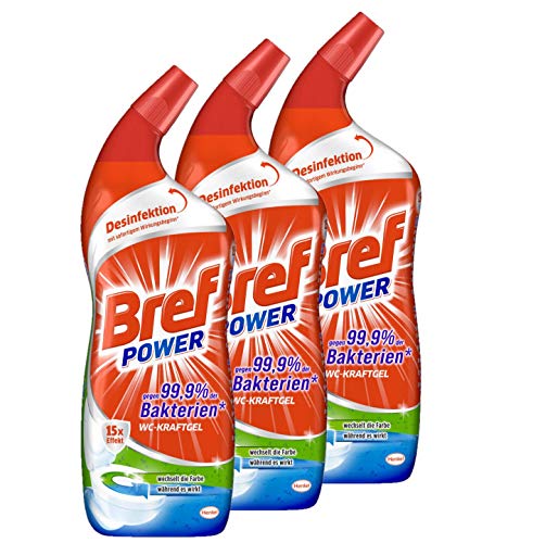 Bref Power WC KraftGel 15x Effekt gegen 99 9 Prozent der Bakterien 3er Pack (3 x 750 ml) WC Reiniger extrastark für eine kraftvolle Reinigung und Desinfektion