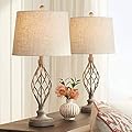 Franklin Iron Works Annie Modern Industrial Table Lamps 28" Tall Set of 2 Weathered Sand Iron Cream Tapered Drum Shade for Bedroom Living Room House Home Bedside Nightstand Office Entryway Family