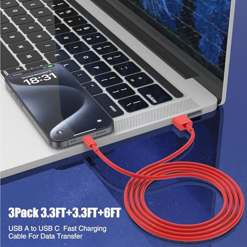 Image of 3-Pack Red [3.3FT+3.3FT+6FT] USB A to USB C Cable，USB to USB C Car Carplay Cable for iPhone 16 15 Pro Plus Pro Max，for iPad Pro /Air /Mini，for Samsung S24 /S23 /S22 /S21，for MacBook Pro /Air and More