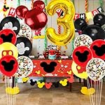 Cartoon Mouse 3rd Birthday Party Decorations - 3 Years Old Boy Party Supplies Includes Birthday Banner Garland, Door sign, Tablecloth, Cake Cupcake Toppers, Mouse Head Balloons, Latex Balloons - Image 2
