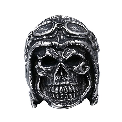 PAMTIER Men's Stainless Steel Vintage Large Skull Ring Gothic Punk Pilot Design Silver Size 8