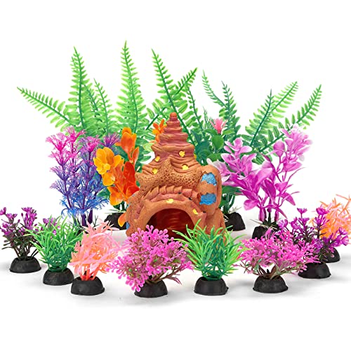 CORALDAISY Aquarium-Dekoration, 15 Stück, künstliche Kunststoffpflanzen mit Muschelpilz-Raum (bunte Muschel) Cover