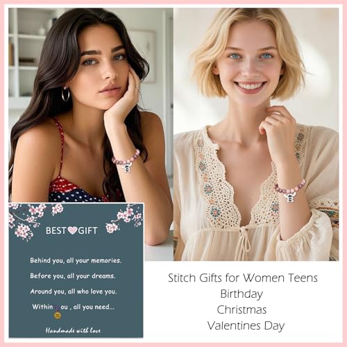 Image of LINY Inspirational Gifts for Women, Natural Stone Beads Stretch Stitch Bracelet Charm Jewelry Ohana Means Family Gifts Stitch Stuff for Women Love, Mom, Daughter, Niece, Sister