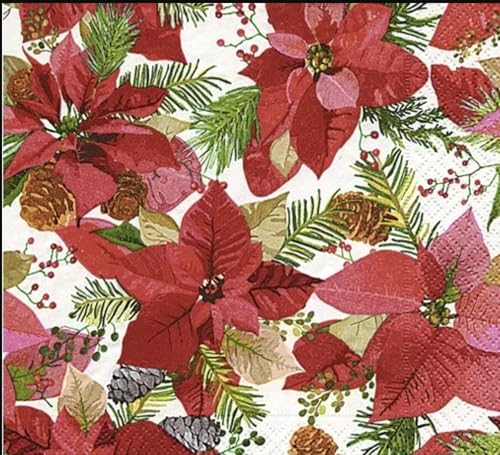 Set of 2 Individual Decoupage Paper Party Napkin Christmas Poinsettia Watercolor Decor Luncheon Napkins for a Birthday Holiday, Wedding, Cocktail Party