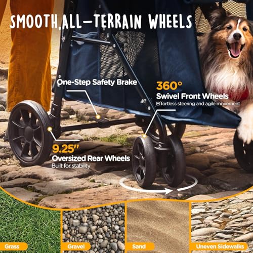 Image of CANINE CANYON Scout Pet Stroller, Heavy Duty Dog Stroller for Large /Medium Dogs, Foldable Pet Stroller for 2 Small Dogs with All-Terrain Wheels, Storage Pocket & Cup Holder, 55 lbs Capacity, Navy Blue