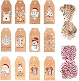 El paquete incluye: 100 etiquetas de regalo de Navidad en 10 estilos como se muestra en las imágenes, cada estilo tiene 10 piezas, 1 rollo de 10 m de hilo rojo, 1 rollo de 10 m de hilo de hilo natural, cantidad suficiente para envolver regalos de Navidad.