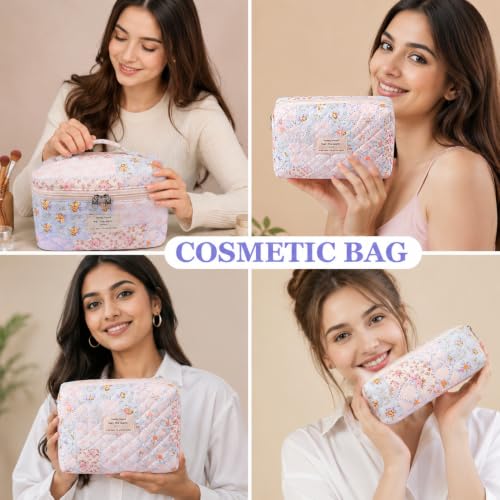 Image of Lyrovo Makeup Organizer Cosmetic Bag Quilted Large Floral Make Up Organize Set for Women Flower Travel Toiletry Bag (BWF)