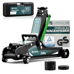 Wagenheber hydraulisch 2,5T – TÜV – 85-380mm Hub – flach für tiefergelegte Autos – Rangierwagenheber inkl. Gummiauflagen [Koffer]