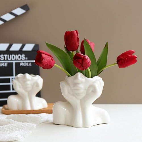 Miniatura 2 de Jarrones de cerámica para la cara, único jarrón de cerámica blanca para el cuerpo, jarrón de cara femenina para el hogar, oficina, sala de estar,