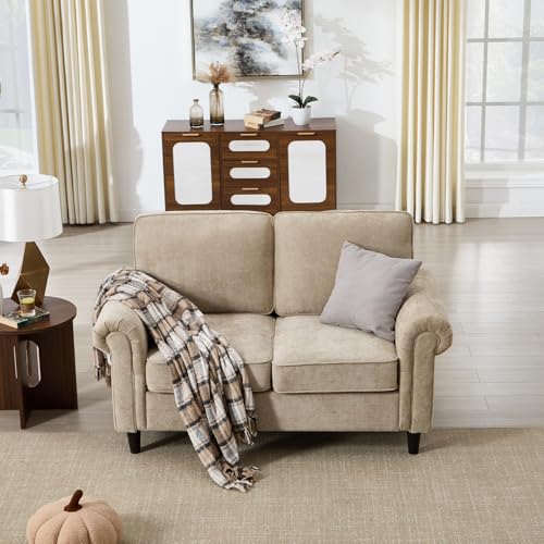 Image of Kingfun Loveseat 2 Seater Couch, Mid Century Modern Chenille Sofa with Rolled Arms and Deep Seats, Fluffy Comfort for Living Room, Apartment, Easy Assembly, Khaki
