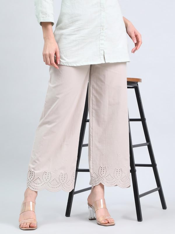 Image of GO COLORS Women's Cotton Hakoba Palazzo | Ankle Length, Schiffli Embroidery, Relaxed Fit, Mid-Rise with Side Pocket
