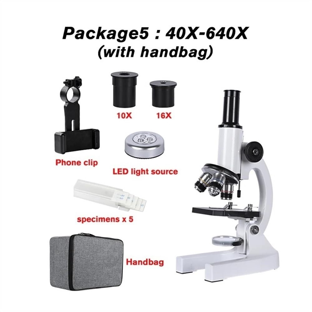 Microscope Zoom 640X 1280X 2000X HD Biological Microscope Monocular Student Education Laboratory w/LED Light Phone Holder Electronic Eyepiece(Package5(40X-640X))